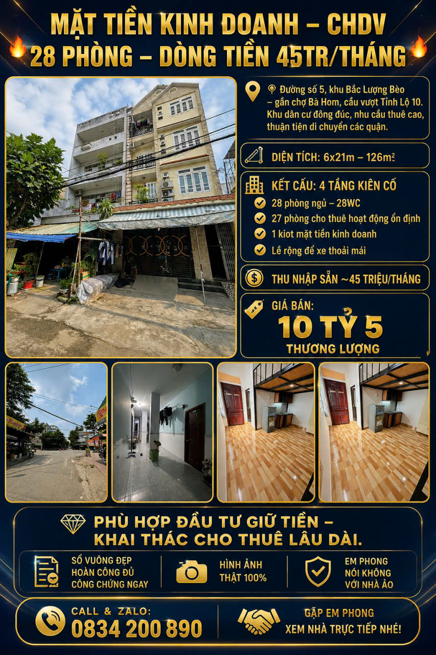 MẶT TIỀN KINH DOANH – CHDV 28 PHÒNG – DÒNG TIỀN 45TR/THÁNG